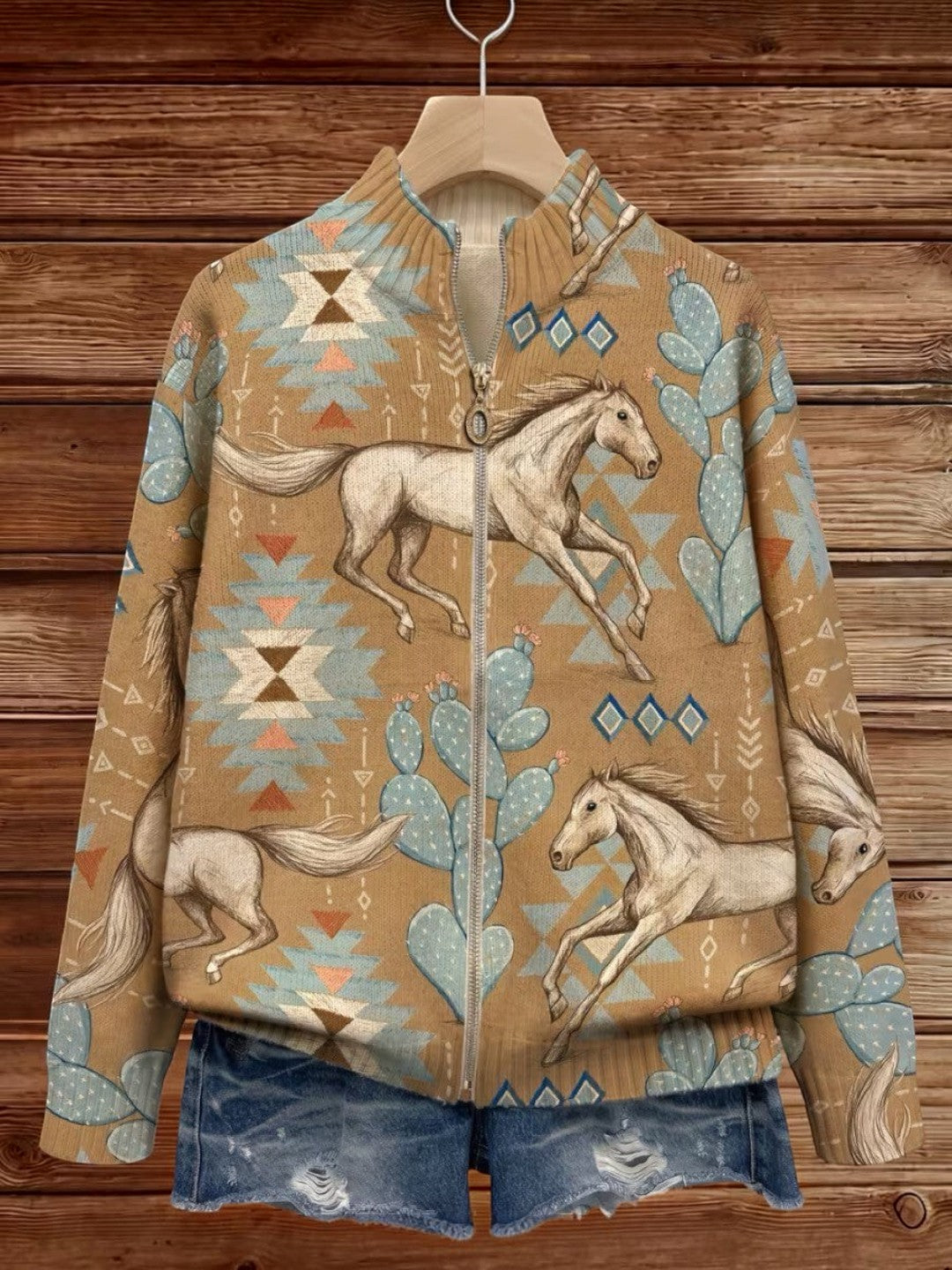Bridget | Horse & Cactus Knitted Zip Cardigan