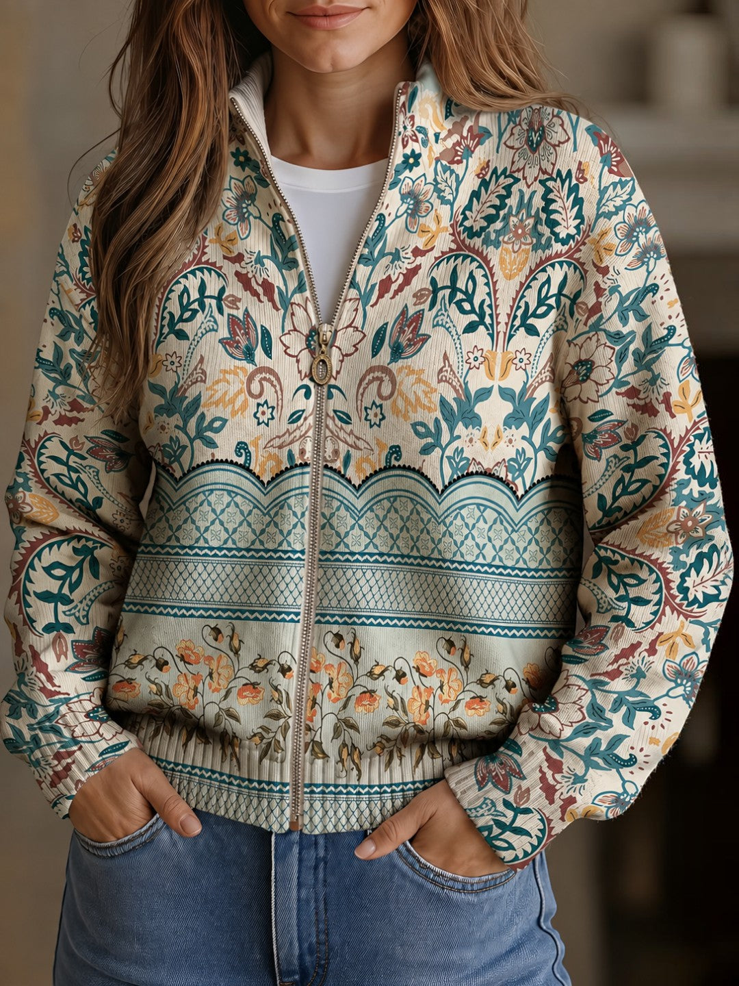 Gail | Ornamental Floral Knitted Zip Cardigan