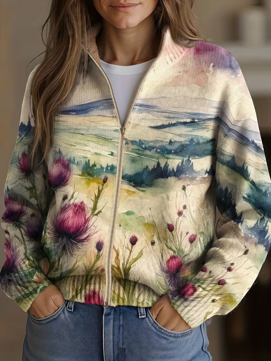 Hayley | Thistle Landscape Knitted Zip Cardigan