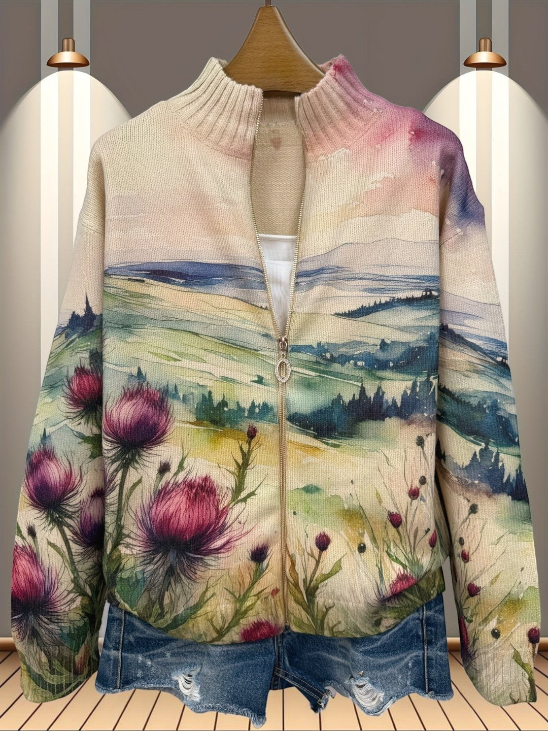 Hayley | Thistle Landscape Knitted Zip Cardigan