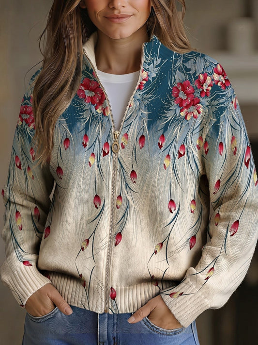 Martina | Peacock Feather Knitted Zip Cardigan