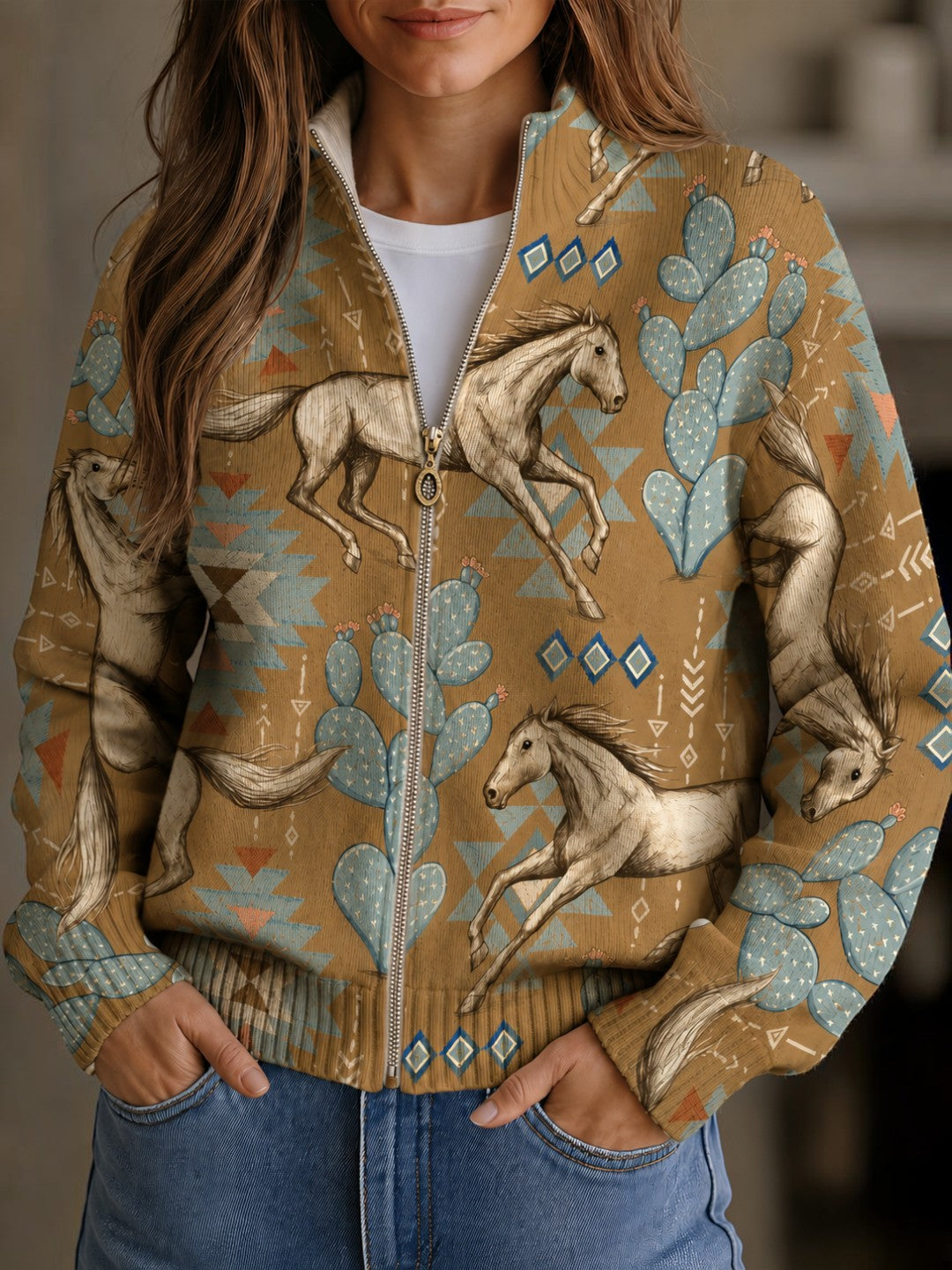 Bridget | Horse & Cactus Knitted Zip Cardigan