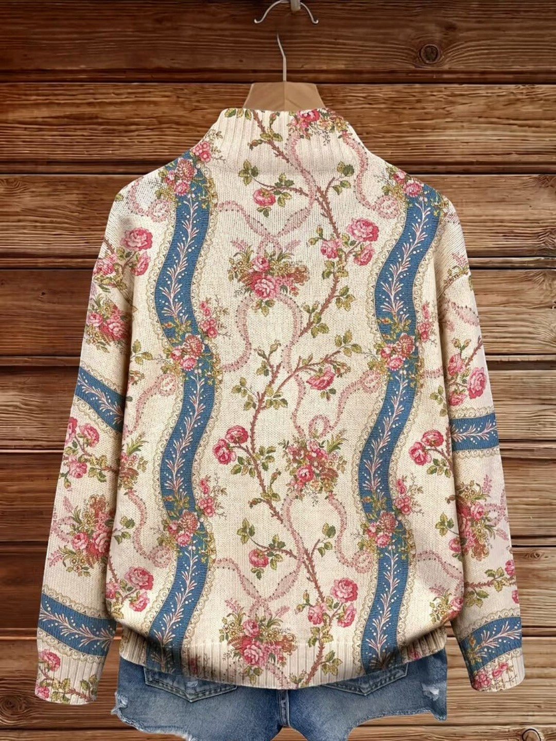 Sadie | Vintage Rose Print Knitted Zip Cardigan