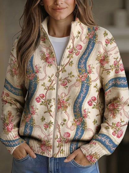 Sadie | Vintage Rose Print Knitted Zip Cardigan