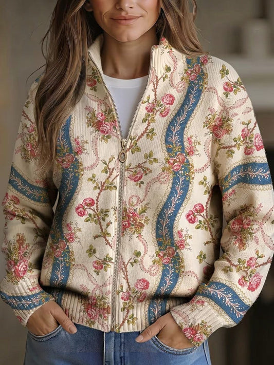 Sadie | Vintage Rose Print Knitted Zip Cardigan
