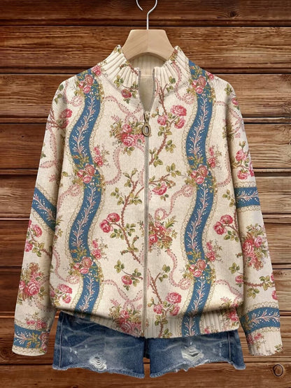 Sadie | Vintage Rose Print Knitted Zip Cardigan