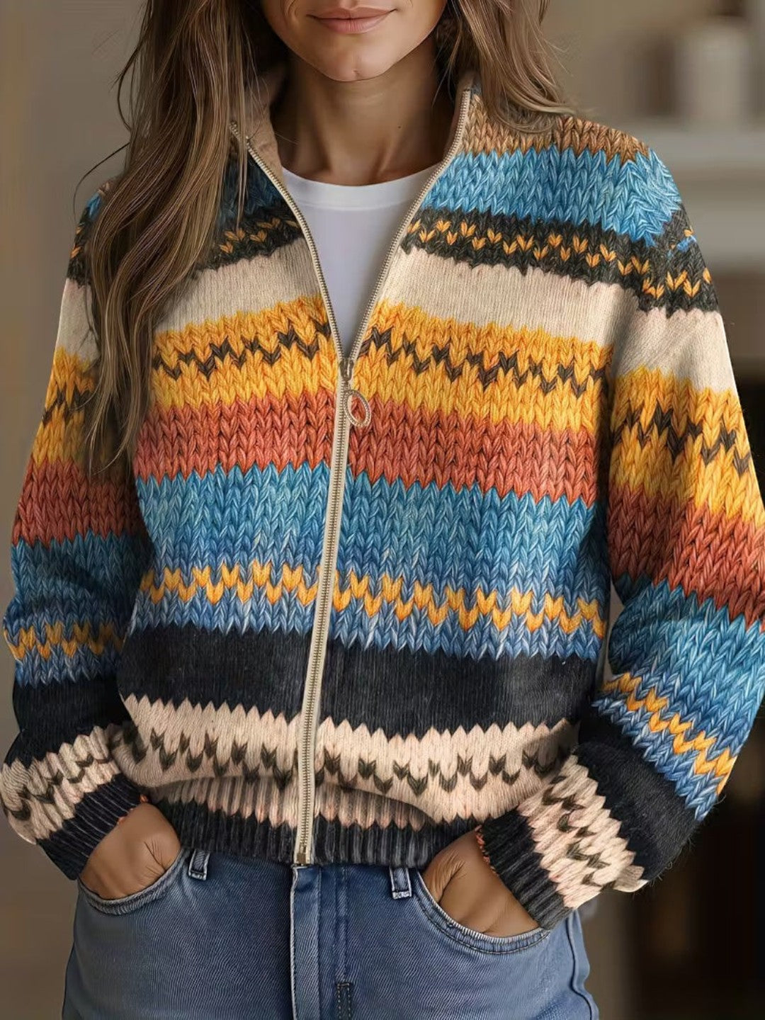 Kathryn | Colourful Zigzag Knitted Zip Cardigan