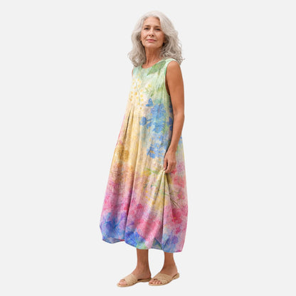 Marguerite | Rainbow Watercolour Sleeveless Midi Dress