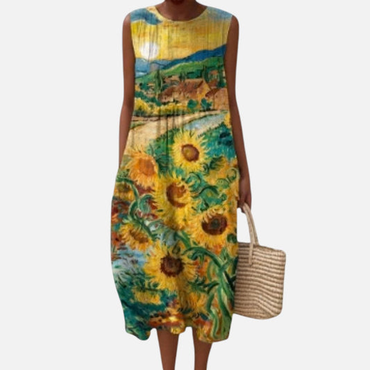 Sian | Sunflower Print Sleeveless Midi Dress