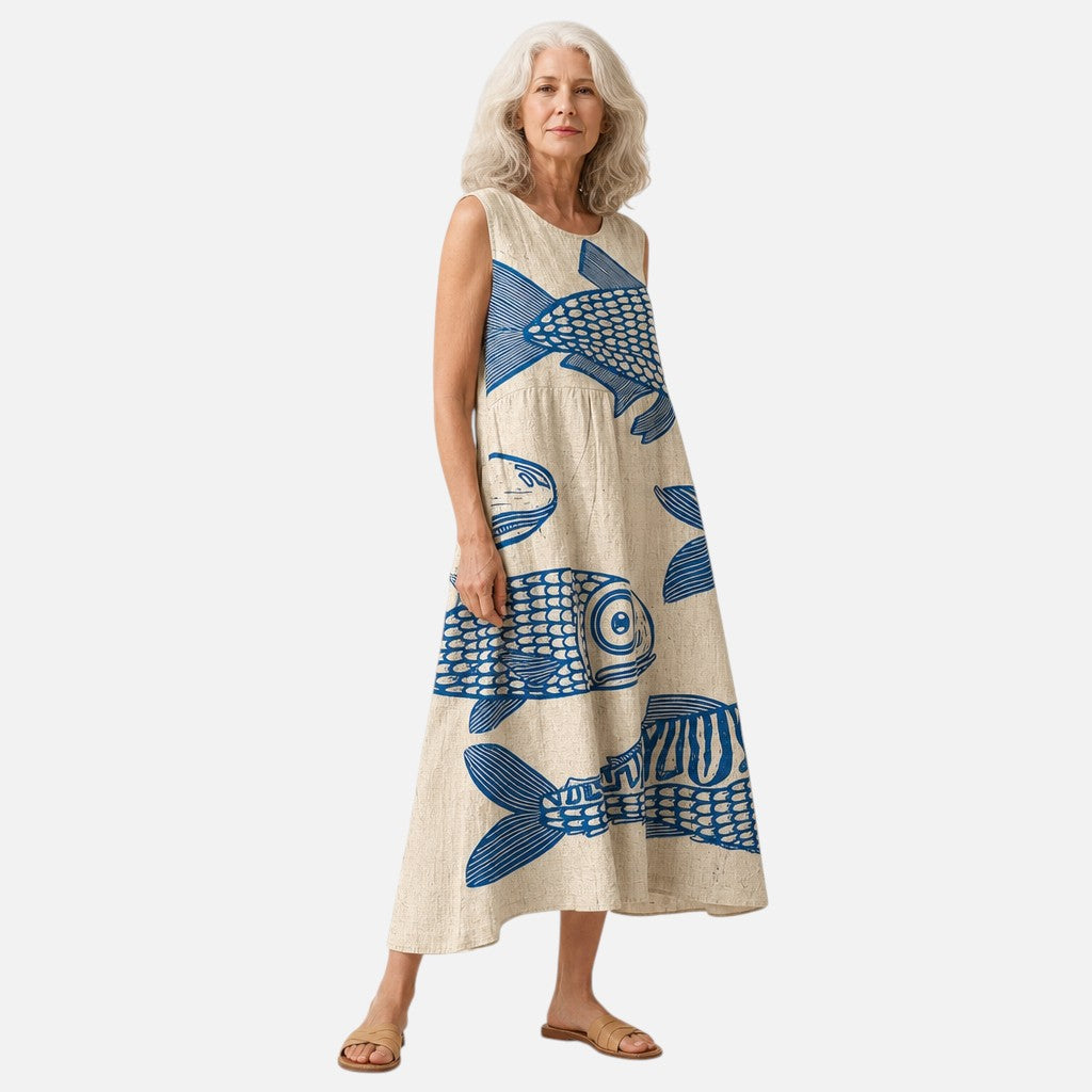 Margery | Blue Fish Print Sleeveless Midi Dress