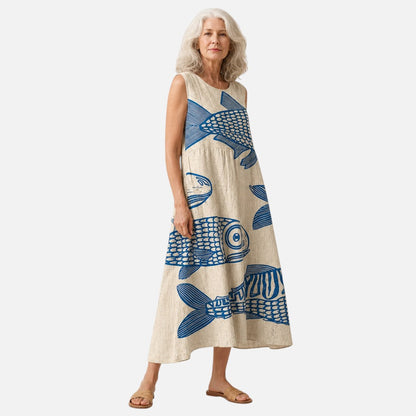 Margery | Blue Fish Print Sleeveless Midi Dress