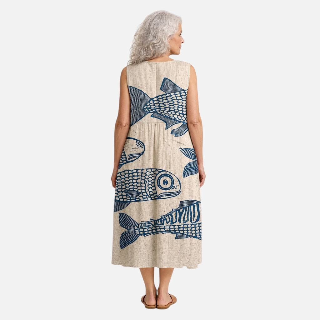 Margery | Blue Fish Print Sleeveless Midi Dress