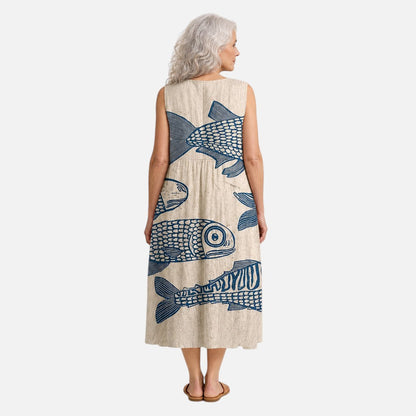 Margery | Blue Fish Print Sleeveless Midi Dress