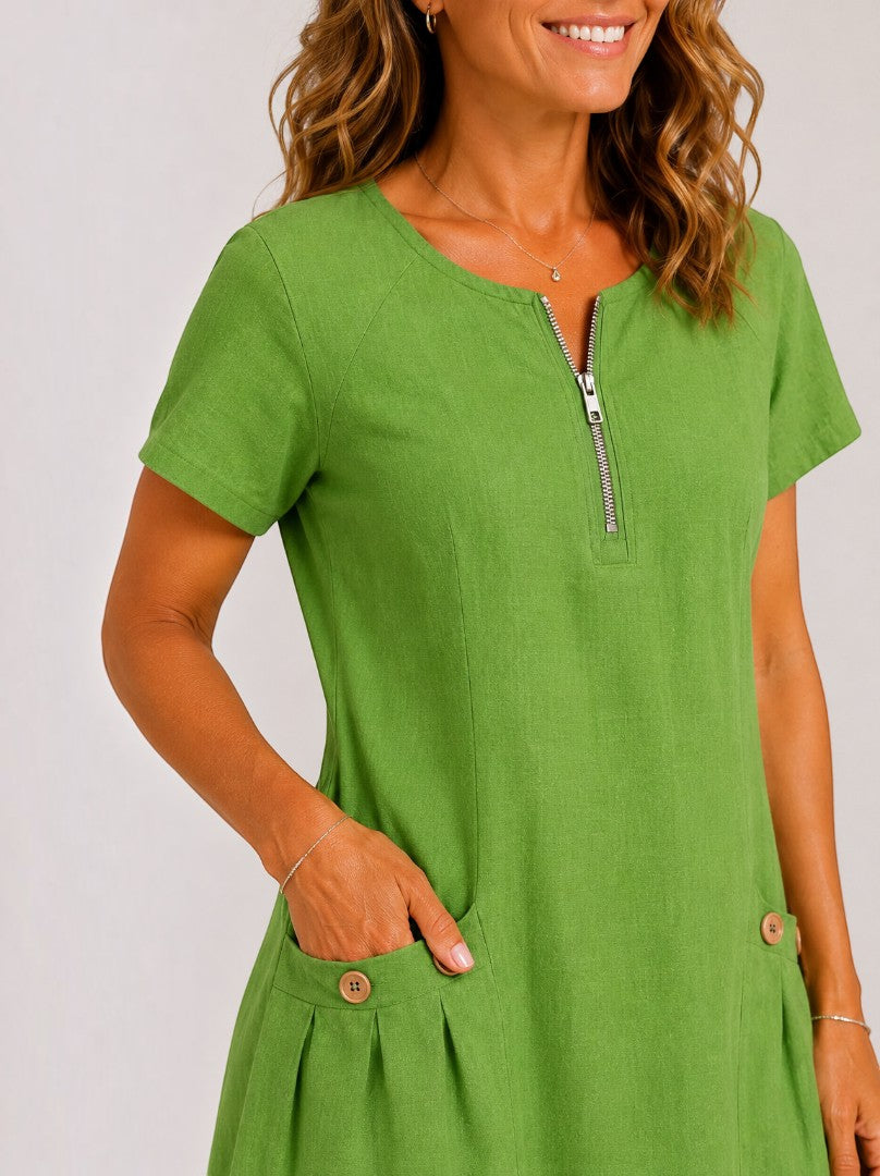 Louise | Green Linen-Look Summer Dress