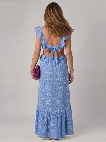 Susan | Blue Broderie Detail Maxi Dress