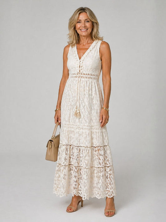 Catherine | Cream Lace Detail Maxi Dress