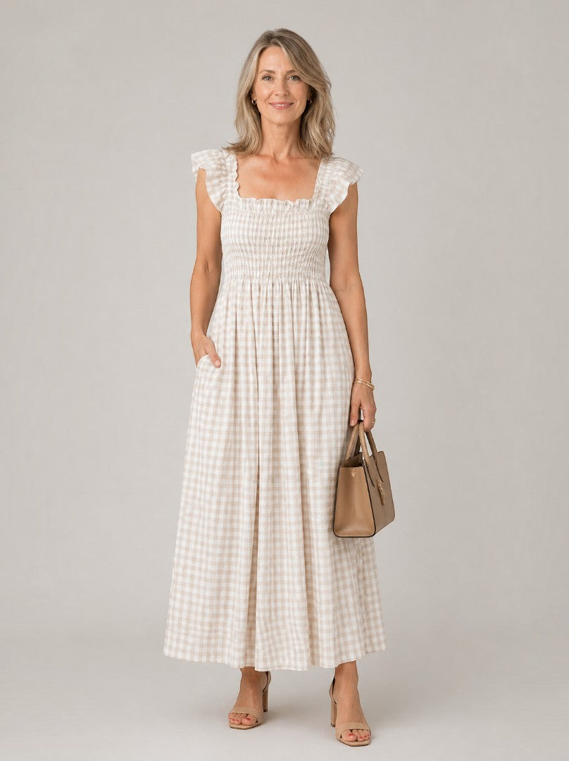 Nicola | Check Print Shirred Maxi Dress