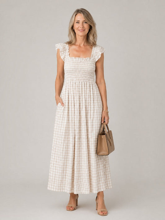 Nicola | Check Print Shirred Maxi Dress