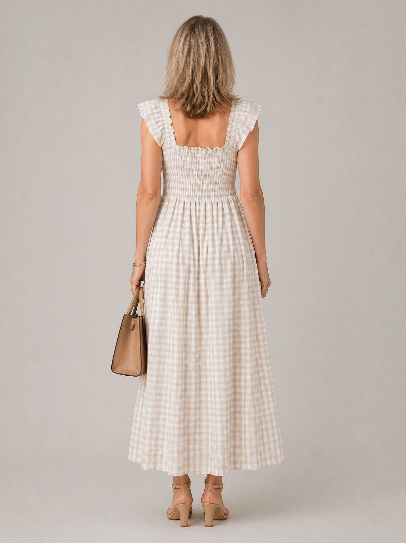 Nicola | Check Print Shirred Maxi Dress