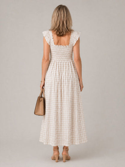 Nicola | Check Print Shirred Maxi Dress