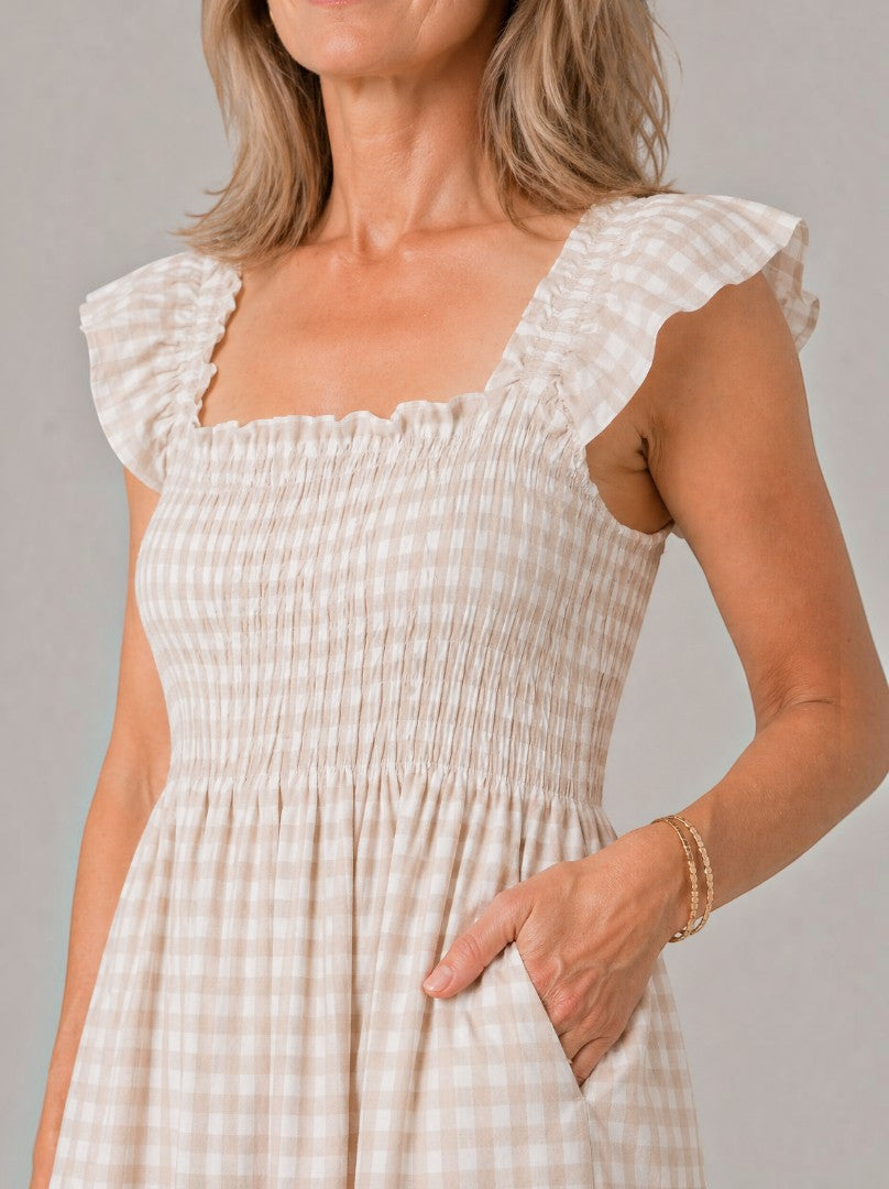 Nicola | Check Print Shirred Maxi Dress