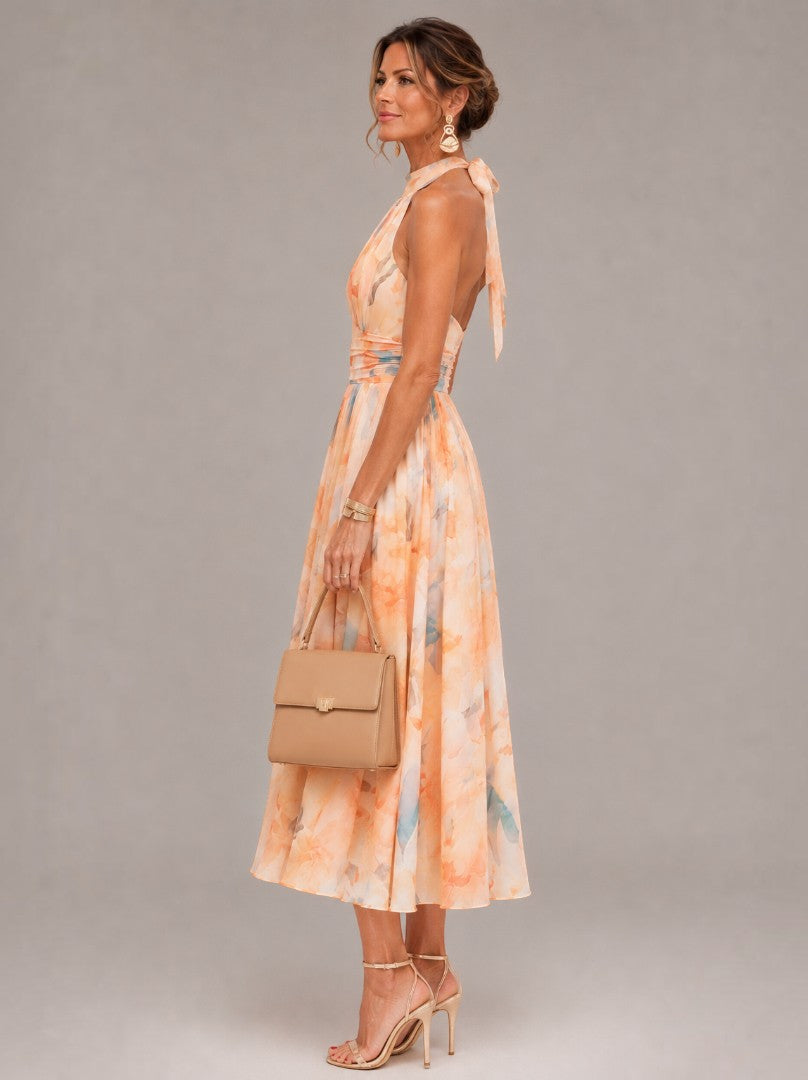 Michelle | Apricot Watercolour Print Midi Dress