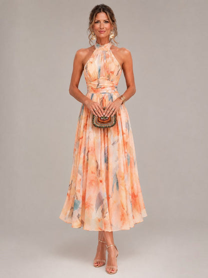Michelle | Apricot Watercolour Print Midi Dress