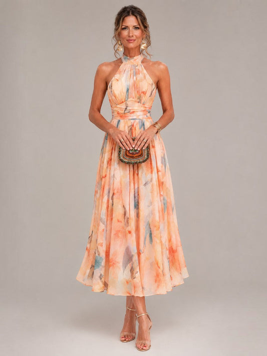 Michelle | Apricot Watercolour Print Midi Dress