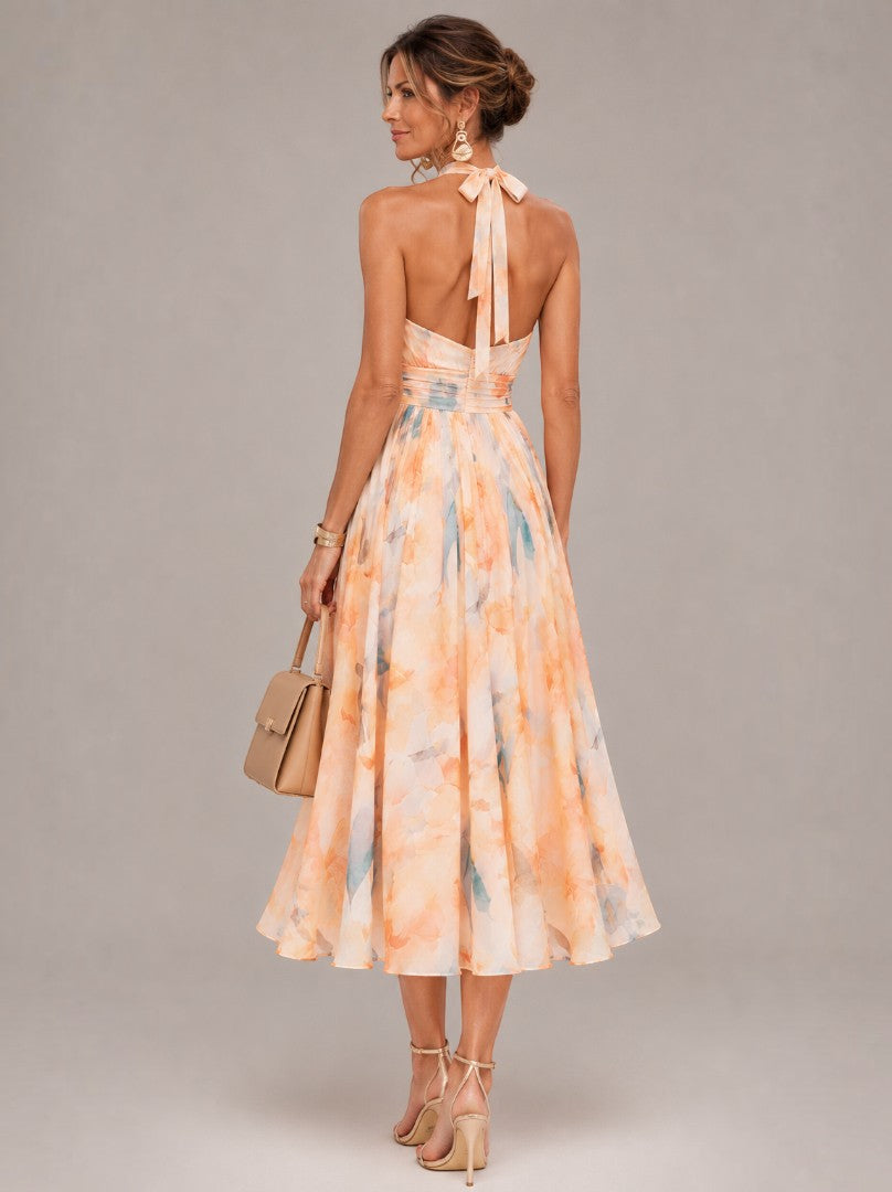 Michelle | Apricot Watercolour Print Midi Dress