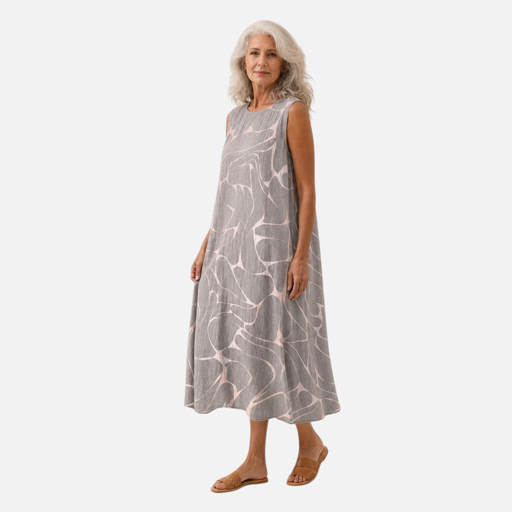 Emmeline | Grey Abstract Swallow Sleeveless Midi Dress