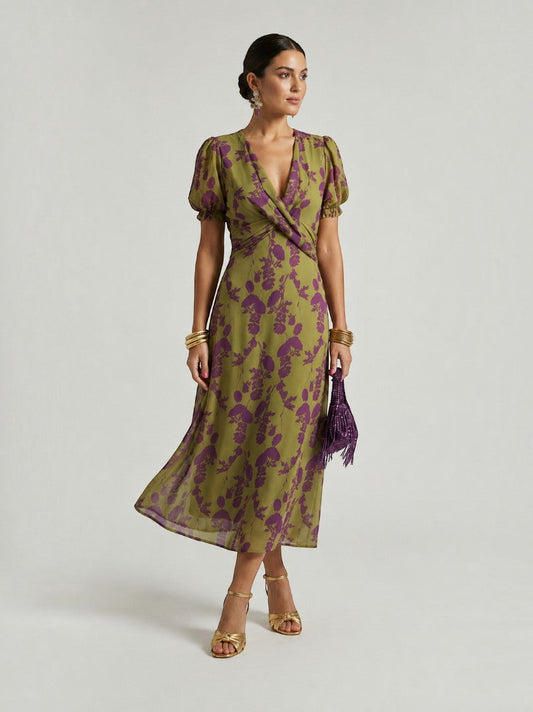 Joanne | Olive Floral Vine Print Midi Dress