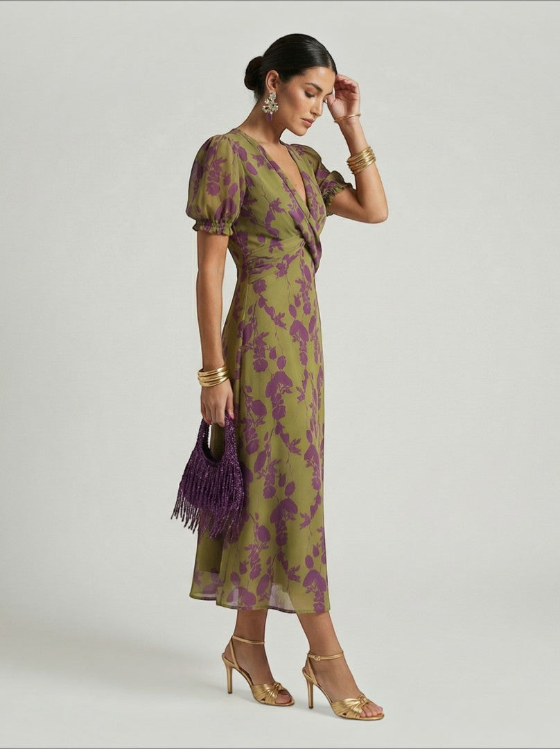 Joanne | Olive Floral Vine Print Midi Dress