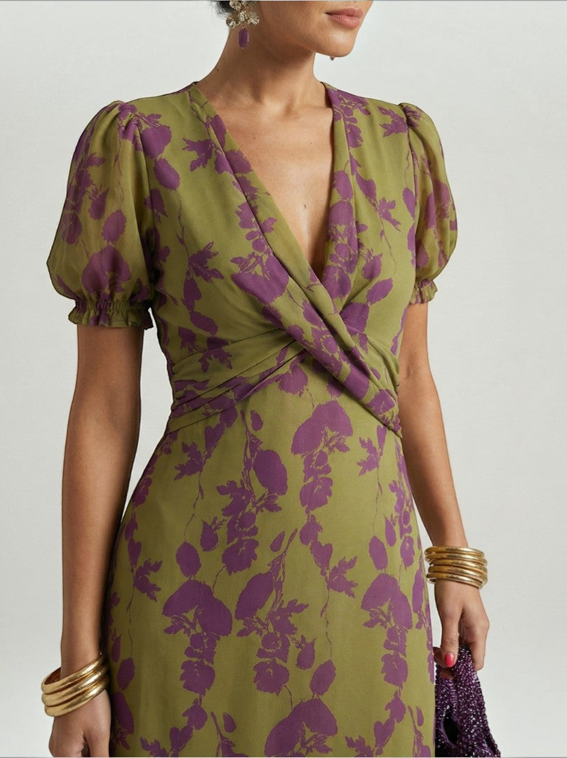 Joanne | Olive Floral Vine Print Midi Dress