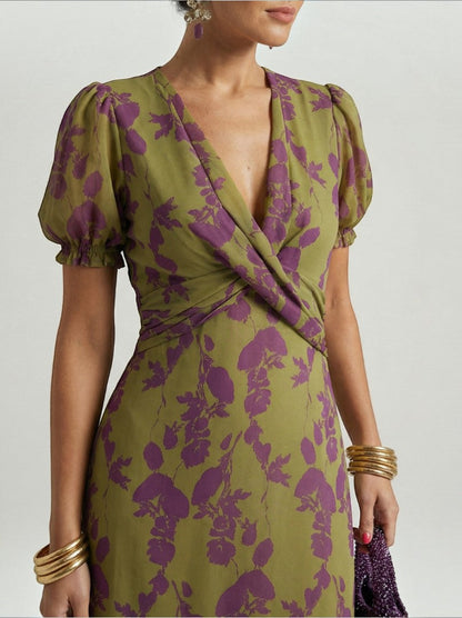 Joanne | Olive Floral Vine Print Midi Dress