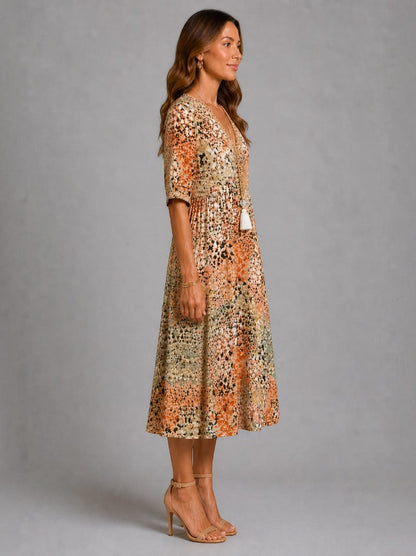 Claire | Ochre Floral Print Midi Dress