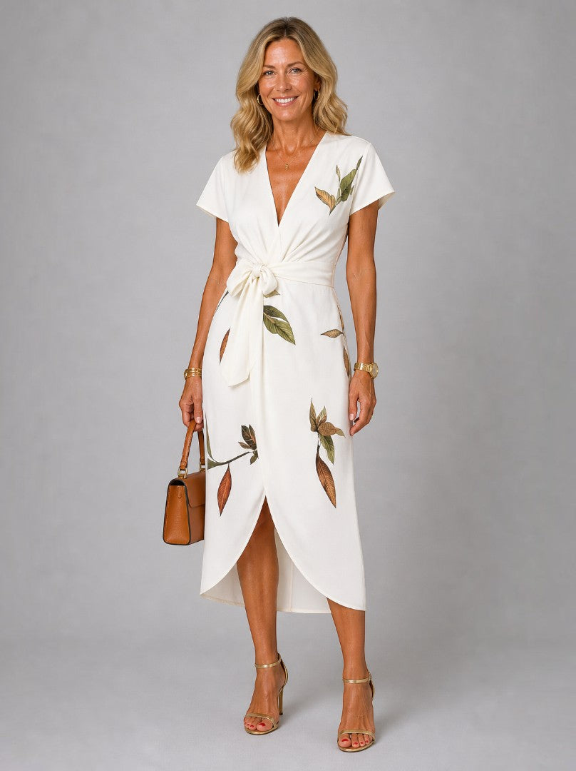 Deborah | Ivory Leaf Print Wrap Dress