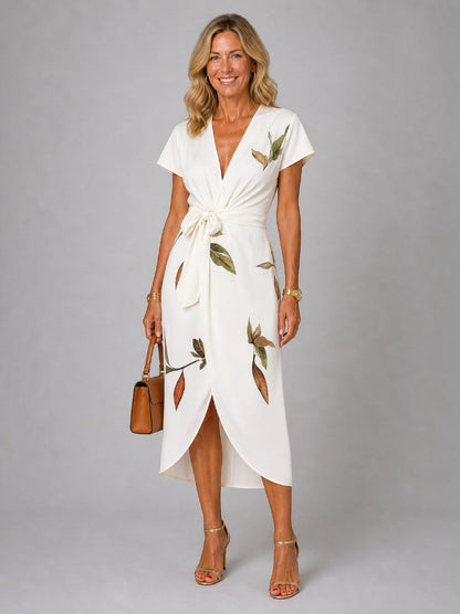 Deborah | Ivory Leaf Print Wrap Dress
