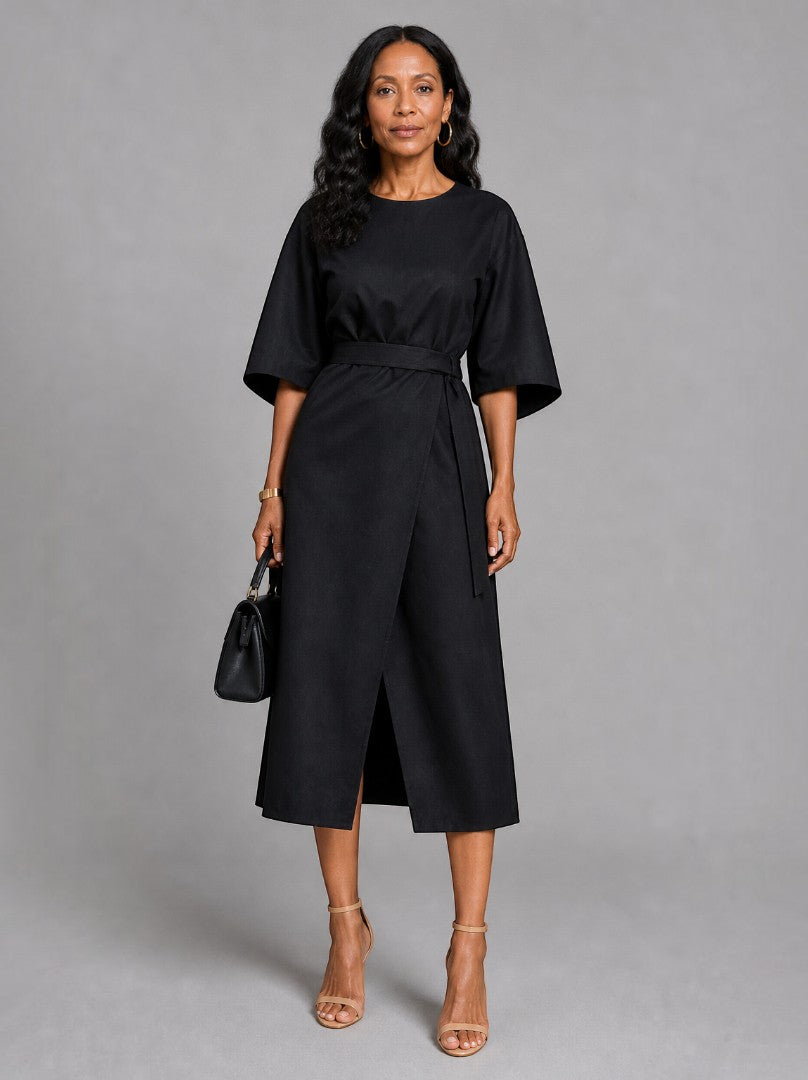 Samantha | Black Tie-Belt Midi Dress