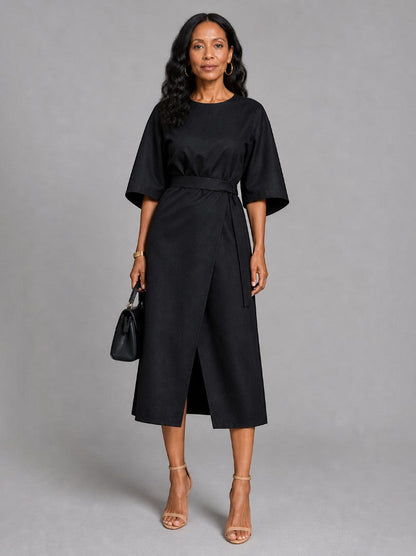 Samantha | Black Tie-Belt Midi Dress