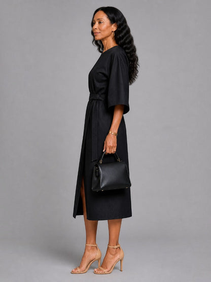 Samantha | Black Tie-Belt Midi Dress