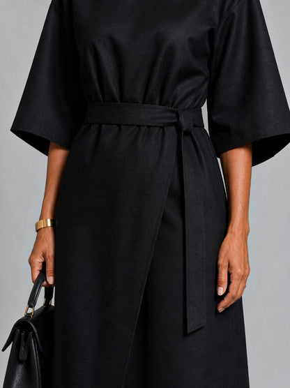 Samantha | Black Tie-Belt Midi Dress