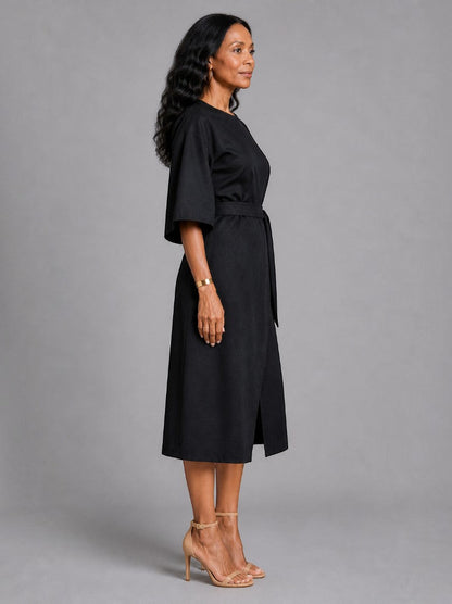 Samantha | Black Tie-Belt Midi Dress