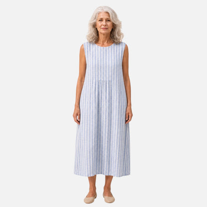 Enid | Blue Fine Stripe Sleeveless Midi Dress