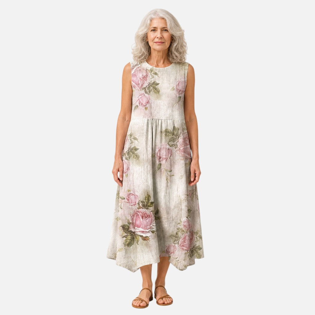Tamsin | Cream Rose Print Sleeveless Midi Dress
