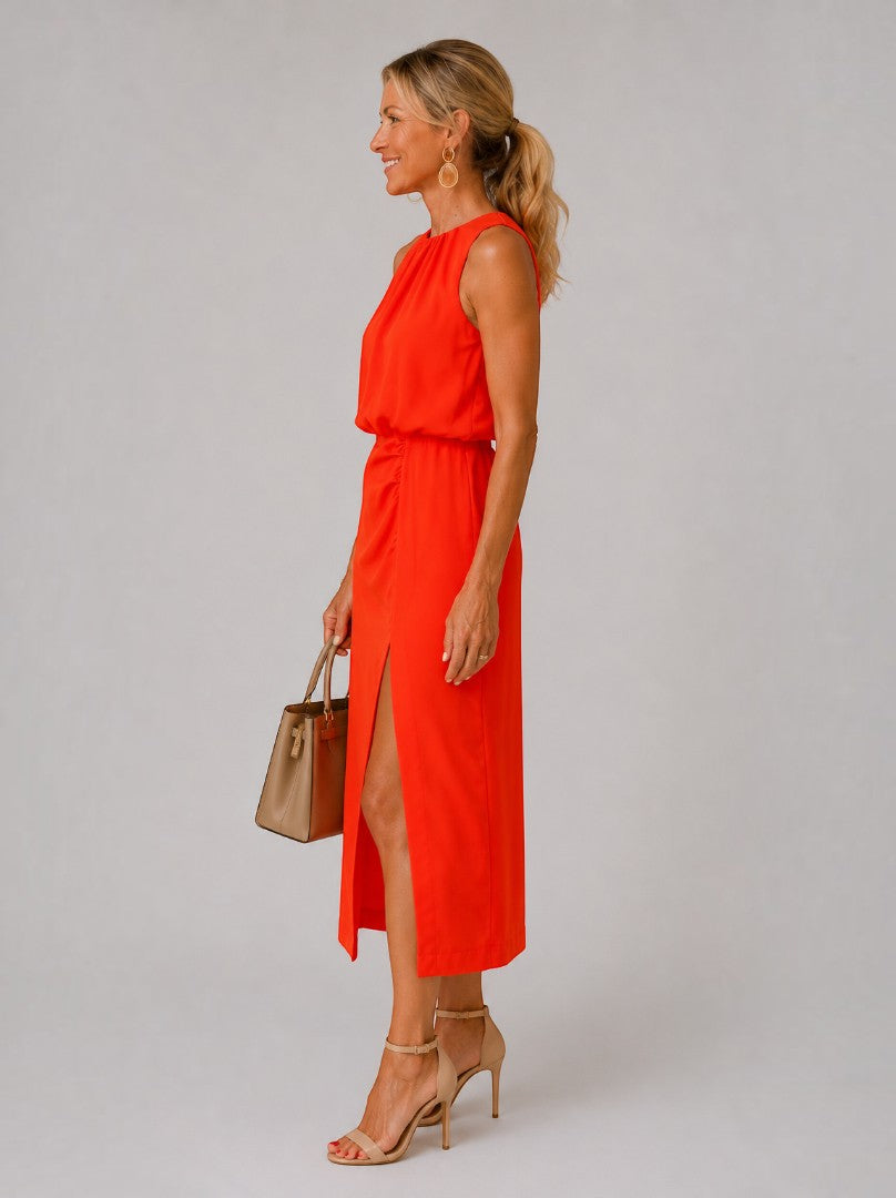 Sophie | Red Midi Dress with Front Split