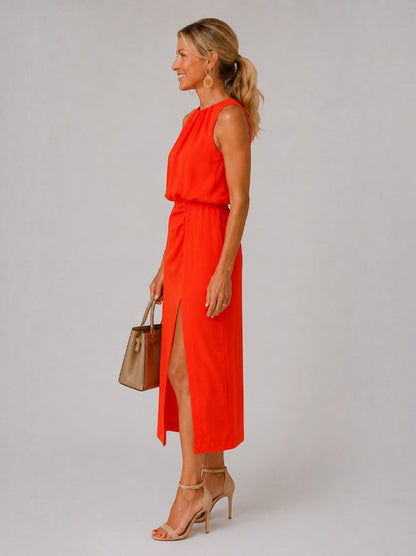Sophie | Red Midi Dress with Front Split