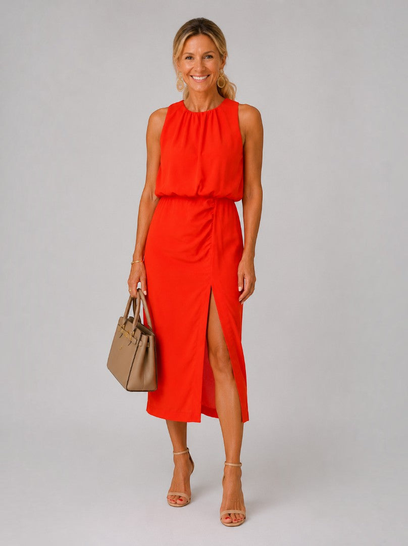 Sophie | Red Midi Dress with Front Split