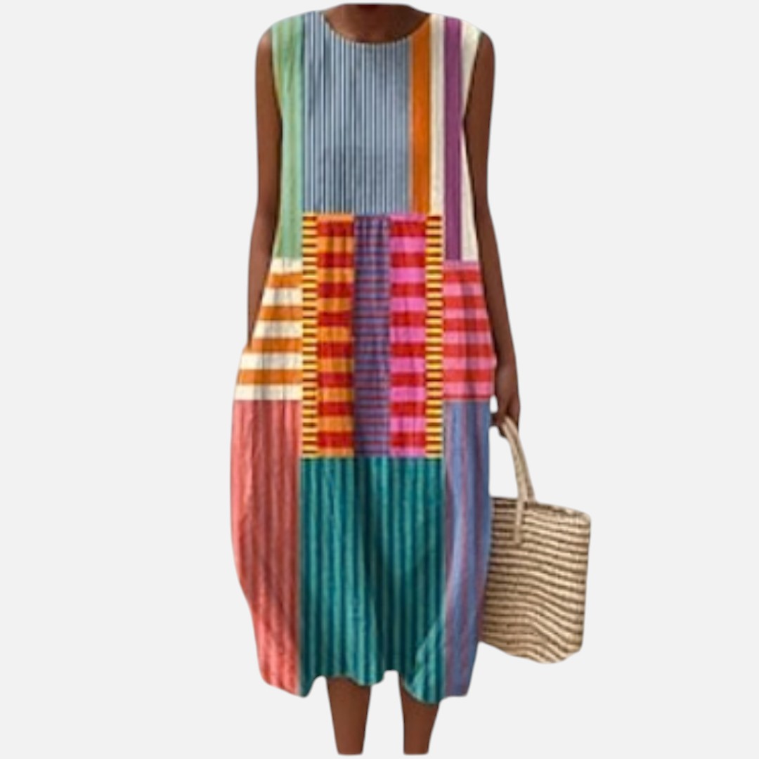 Carla | Bright Stripe Patchwork Sleeveless Midi Dress