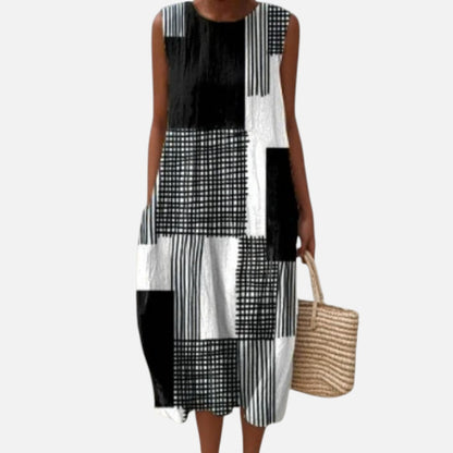 Gwyneth | Black & White Patchwork Sleeveless Midi Dress