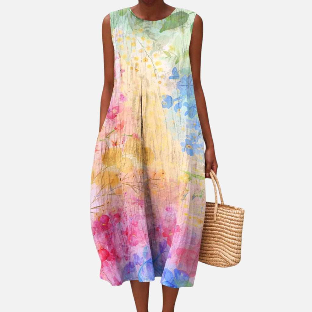Marguerite | Rainbow Watercolour Sleeveless Midi Dress